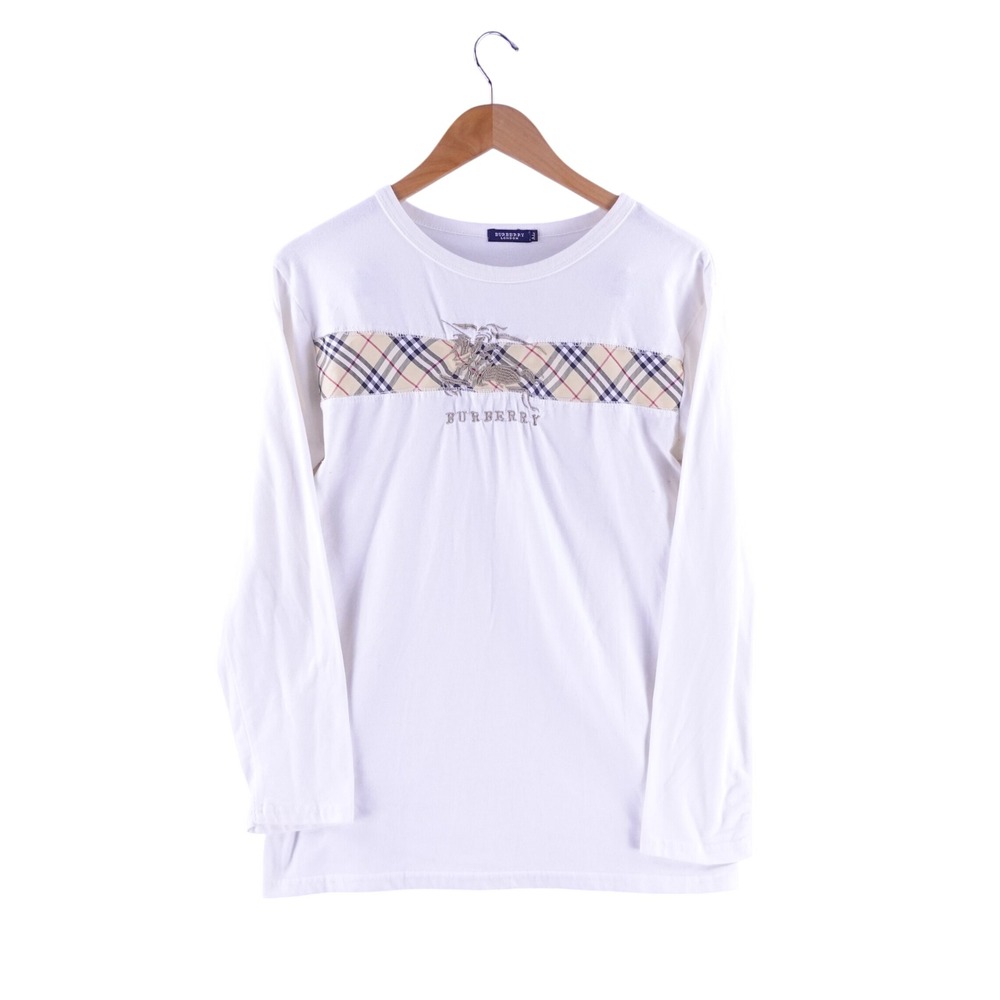 Burberry London Womens XL White Cotton Nova Check Knight Logo Long Sleeve Top